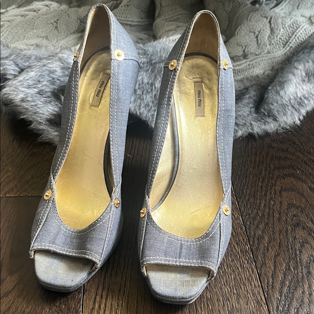 Miu Miu Denim Wedge Heels With Gold Accents